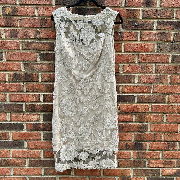 Tadashi Shoji Chloe Embroidered Lace Tulle Illusion Boat Neck Gold Dress 10 - Picture 3 of 16